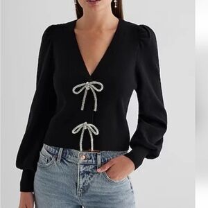 Express V-Neck Embellished Bow Cardigan
